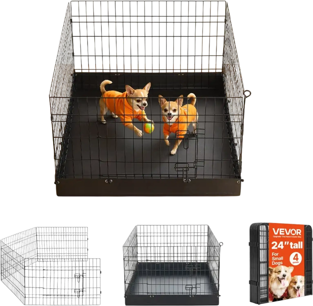 VEVOR Dog Playpen 24 Inch 4 Panels Foldable Exercise Pen with Bottom Pad, Indoor Metal Pet Fence with Door, Heavy Duty Puppy Crate Kennel, Pet Playpen for Dogs, Cats, and Other Small Animals, Black