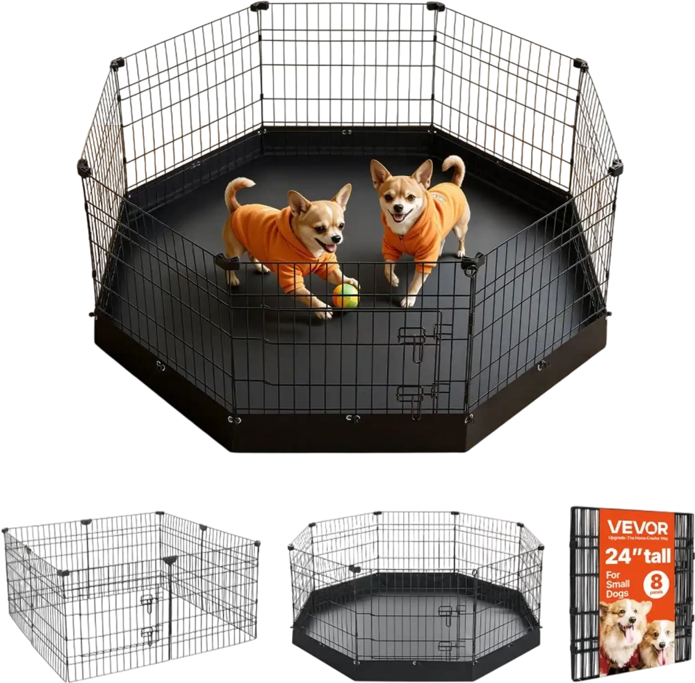 VEVOR Dog Playpen 24 Inch 8 Panels Heavy Duty Exercise Pen with Bottom Pad, Indoor Foldable Metal Pet Fence with Door, Puppy Crate Kennel, Pet Playpen for Dogs, Cats, and Other Small Animals, Black