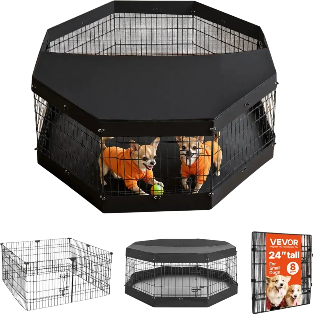 VEVOR Dog Playpen 24 Inch 8 Panels Exercise Pen with Top Cover & Bottom Pad, Indoor Foldable Metal Pet Fence with Door, Heavy Duty Puppy Crate Kennel Pen for Dogs, Cats, and Other Small Animals, Black