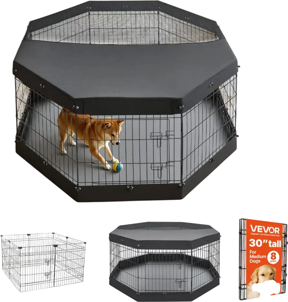 VEVOR Dog Playpen 30 Inch 8 Panels Exercise Pen with Top Cover & Bottom Pad, Indoor Foldable Metal Pet Fence with Door, Heavy Duty Puppy Crate Kennel Pen for Dogs, Cats, and Other Small Animals, Black
