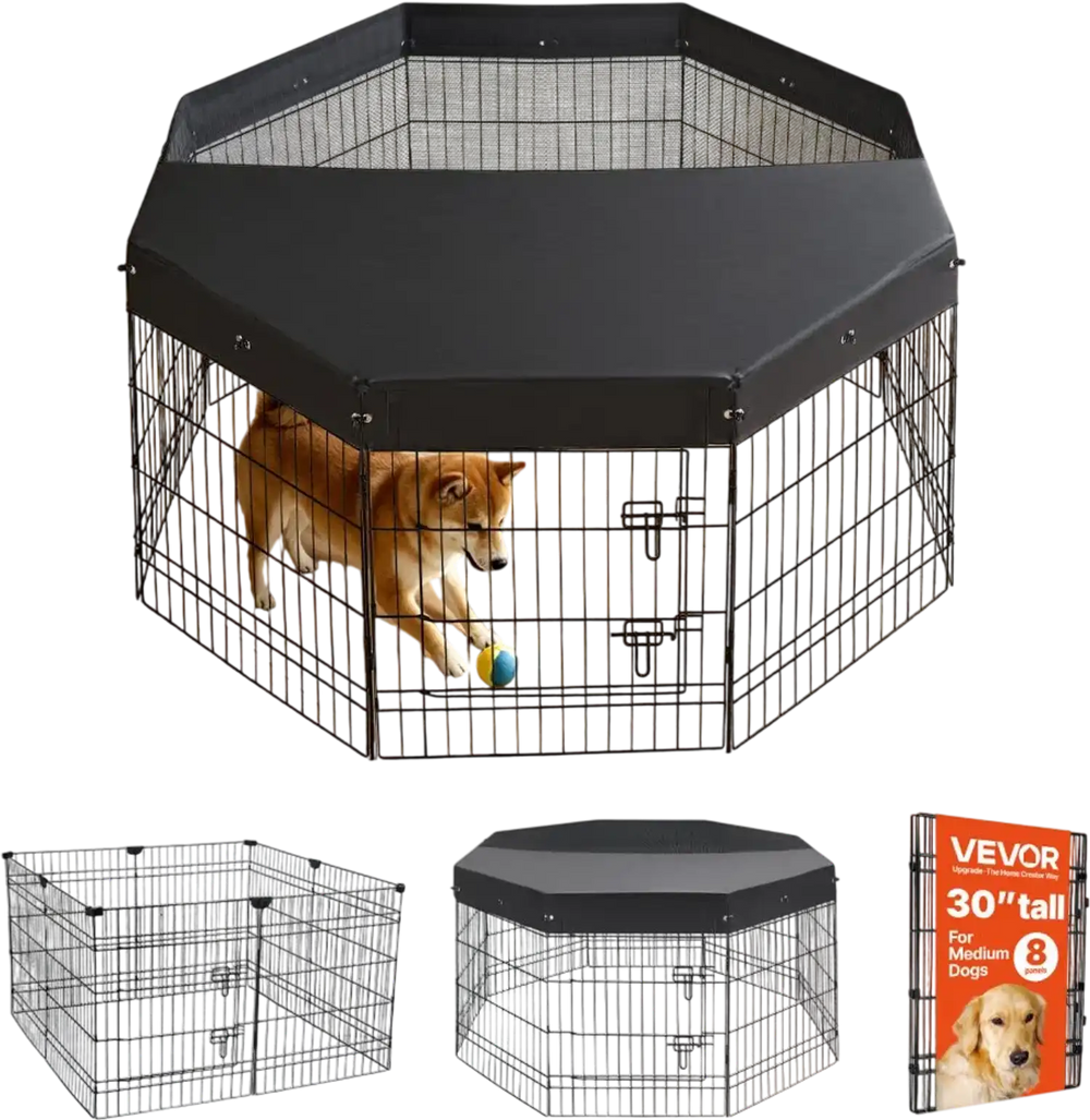VEVOR Dog Playpen 30 Inch 8 Panels Foldable Exercise Pen with Top Cover, Indoor Metal Pet Fence with Door, Heavy Duty Puppy Crate Kennel, Pet Playpen for Dogs, Cats, and Other Small Animals, Black