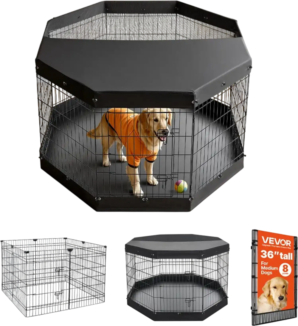 VEVOR Dog Playpen 36 Inch 8 Panels Exercise Pen with Top Cover & Bottom Pad, Indoor Foldable Metal Pet Fence with Door, Heavy Duty Puppy Crate Kennel Pen for Dogs, Cats, and Other Small Animals, Black