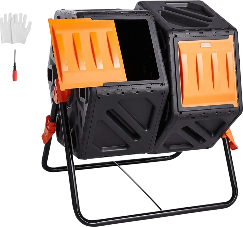 VEVOR Compost Bin, 37-Gal Dual Chamber Composting Tumbler, High Volume Two Rotating Chambers with 2 Sliding Door and Steel Frame, BPA Free Composter Bin Tumbler for Garden, Kitchen, Yard, Outdoor