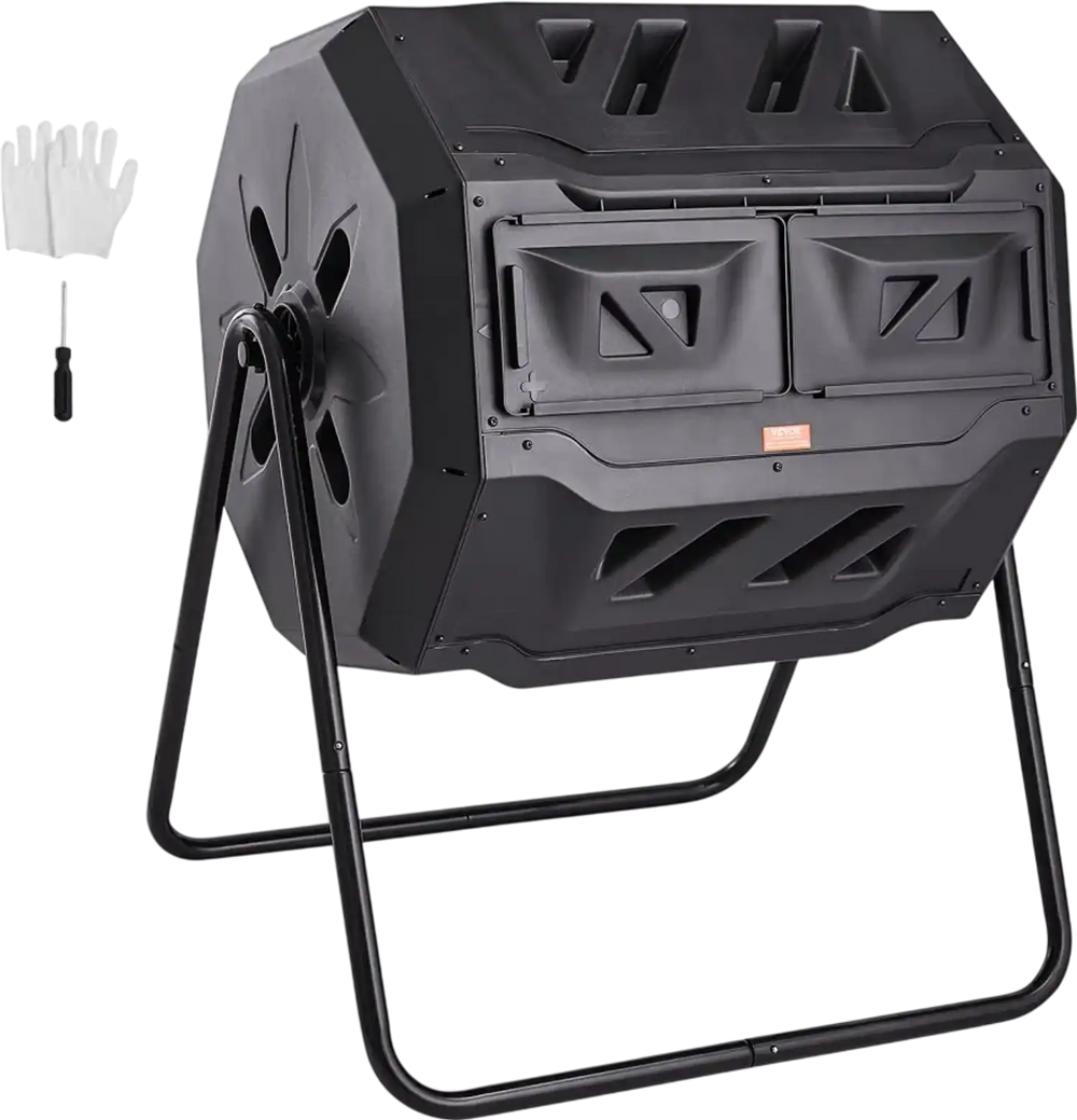 VEVOR Compost Bin, 43-Gal Dual Chamber Composting Tumbler, Large Tumbling Rotating Composter with 2 Sliding Doors and Steel Frame, BPA Free Composter Bin Tumbler for Garden, Kitchen, Yard, Outdoor