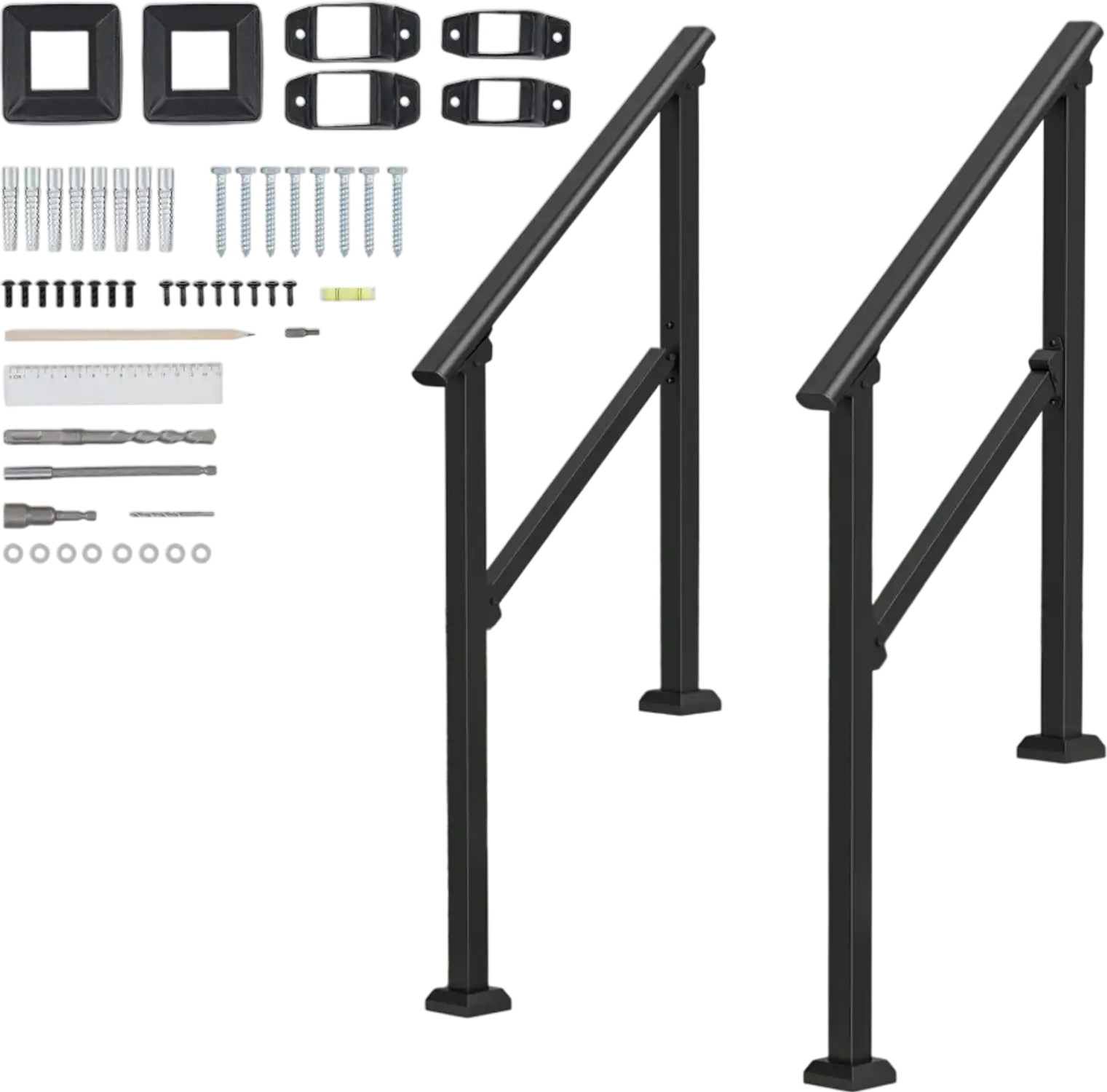 Vevor Handrail Outdoor Steps Carbon Steel Stair Rail Kit 2 PCS 2-3 Step Black New