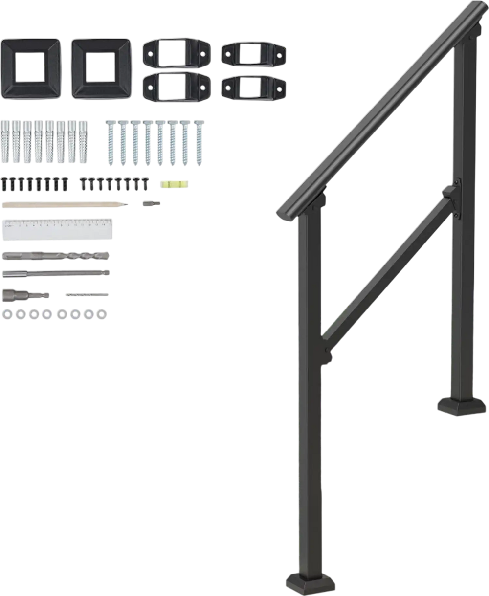 VEVOR Handrails for Outdoor Steps, 2-3 Step Stair Hand Rail Kit, Transitional Carbon Steel Railings with Installation Kit, Stair Rails for Seniors, Concrete Steps & Porch & Deck, Black Square Tube