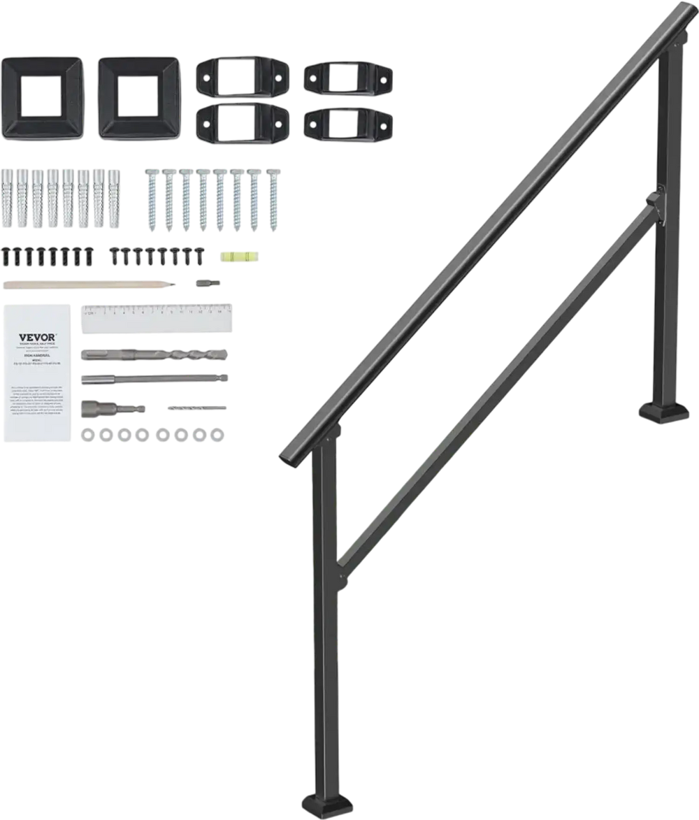 VEVOR Handrails for Outdoor Steps, 4-5 Step Stair Hand Rail Kit, Transitional Carbon Steel Railings with Installation Kit, Stair Rails for Seniors, Concrete Steps & Porch & Deck, Black Square Tube