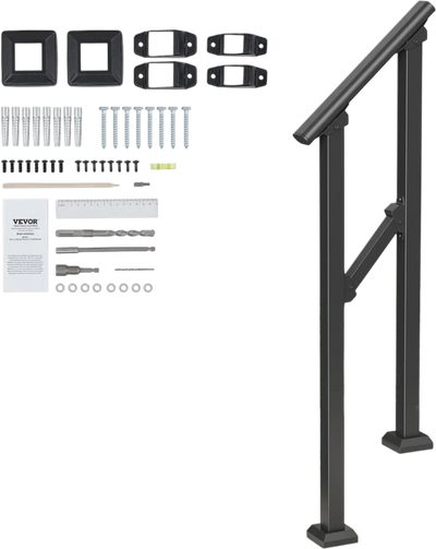 VEVOR Handrails for Outdoor Steps, 1-2 Step Stair Hand Rail Kit, Transitional Carbon Steel Railings with Installation Kit, Stair Rails for Seniors, Concrete Steps & Porch & Deck, Black Square Tube