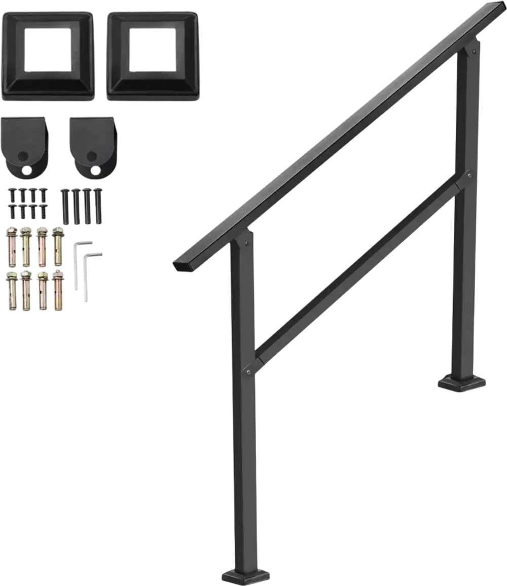 VEVOR Outdoor Handrails for Steps, 2-3 Step Stair Rail Kit, Black Square Tube with Horizontal Bar, Carbon Steel Support Rails for Seniors, Concrete & Deck Stairs, Easy Installation