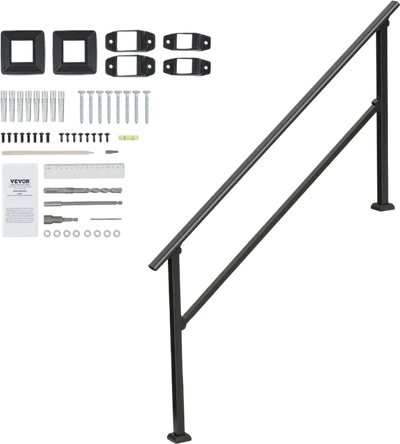 VEVOR Handrails for Outdoor Steps, 5 Step Stair Hand Rail Kit, Transitional Carbon Steel Railings with Installation Kit, Stair Rails for Seniors, Concrete Steps & Porch & Deck, Black Square Tube