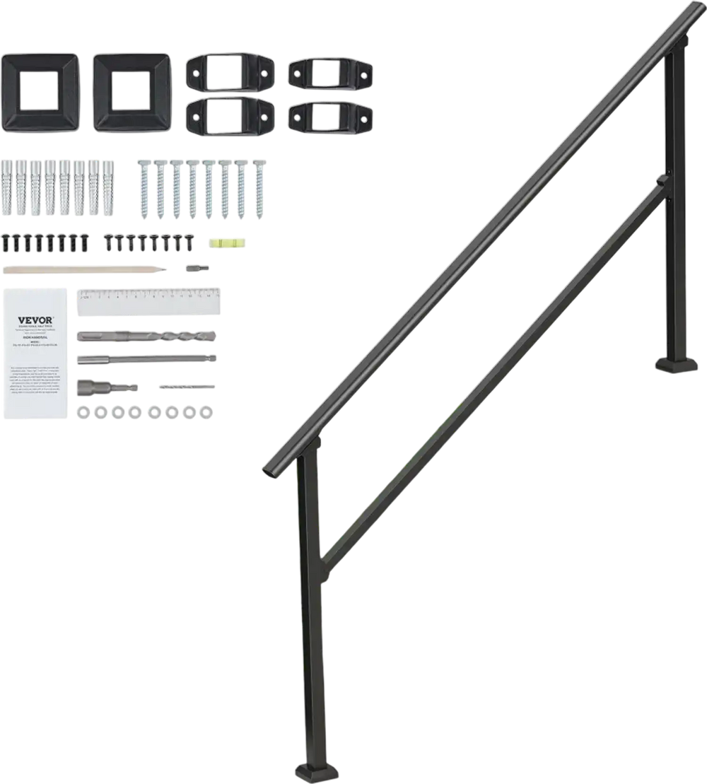 VEVOR Handrails for Outdoor Steps, 5 Step Stair Hand Rail Kit, Transitional Carbon Steel Railings with Installation Kit, Stair Rails for Seniors, Concrete Steps & Porch & Deck, Black Square Tube