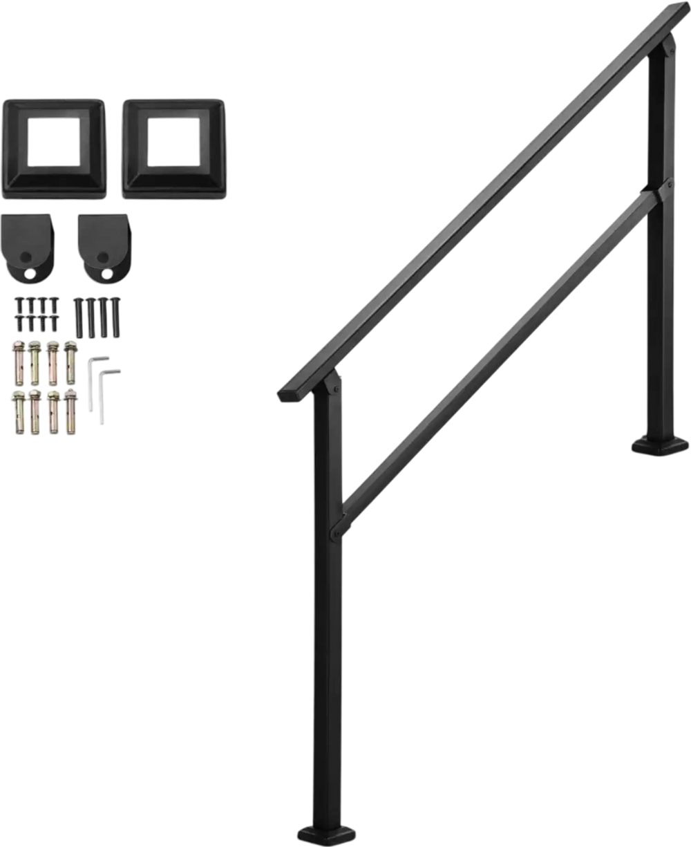 VEVOR Outdoor Handrails for Steps, 4-5 Step Stair Rail Kit, Black Square Tube with Horizontal Bar, Carbon Steel Support Rails for Seniors, Concrete & Deck Stairs, Easy Installation