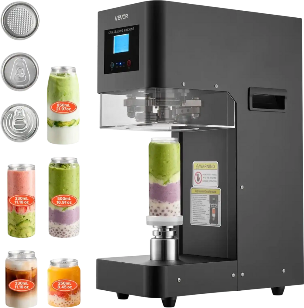 VEVOR Can Sealer Machine, Automatic Commercial Soda Can Sealing Machine for 2.17 in (55 mm) Aluminum and Plastic Cans, Height Adjustable, Steel Housing Beverage Drink Seamer, for Coffee Shop, Black