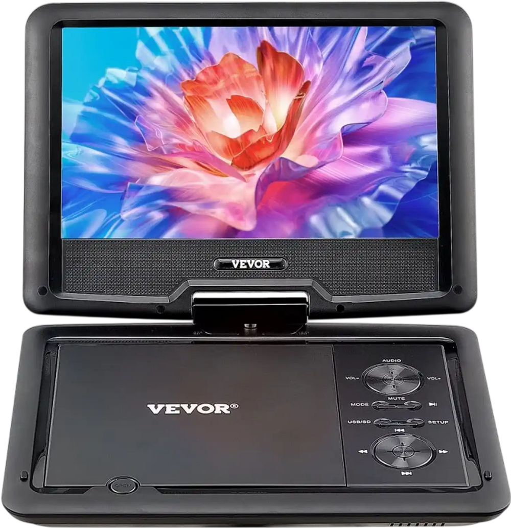 VEVOR Portable DVD Player, 10.1 inch HD Swivel Display Screen, 4 Hours Built-in Rechargeable Battery, Dual Speakers, Support Sync TV/USB/SD Card/CD/DVD, Car Charger, AC Power Adapter, Remote Control