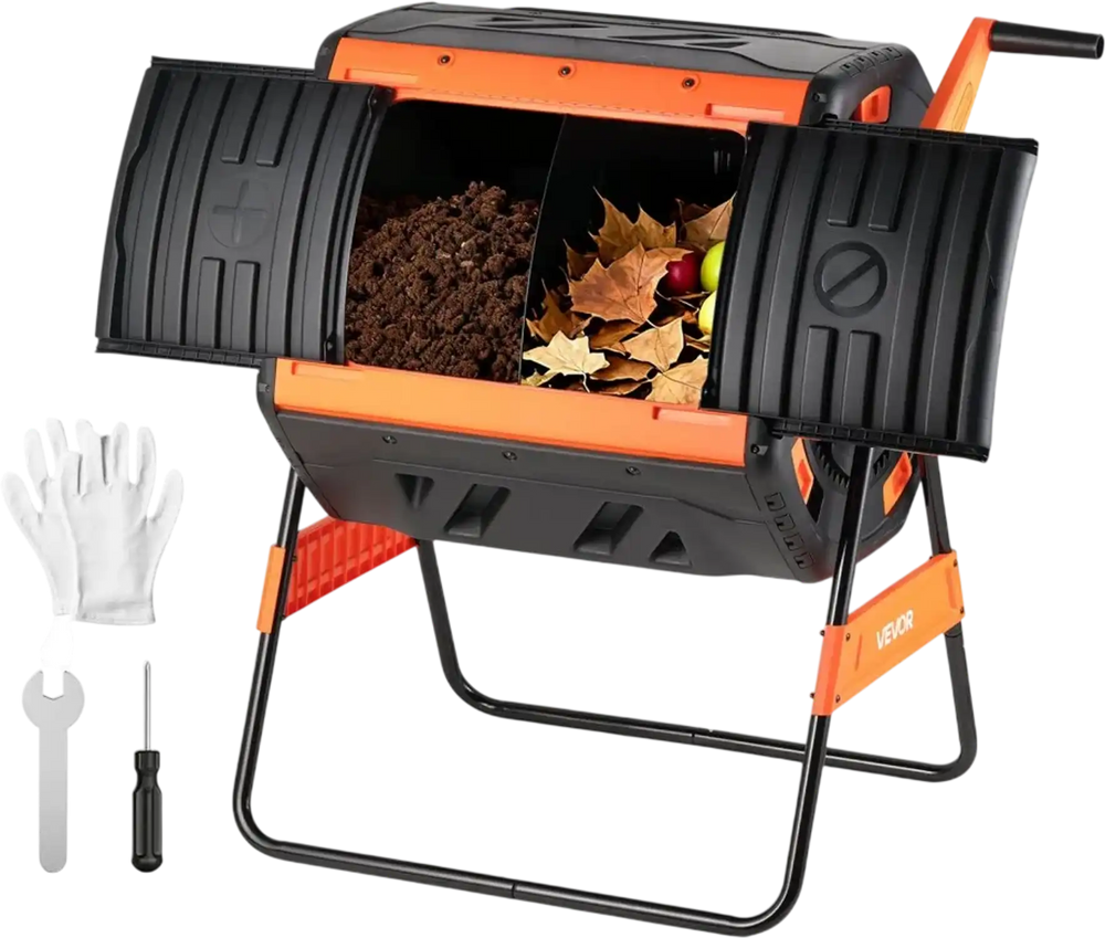 VEVOR Compost Tumbler, 53 Gallon Dual Chamber Outdoor Tumbling Composter with 2 Sliding Doors and Aeration System, Large Easy-Turn Rotating Composting Bin for Outside, Garden, Kitchen, and Yard Waste