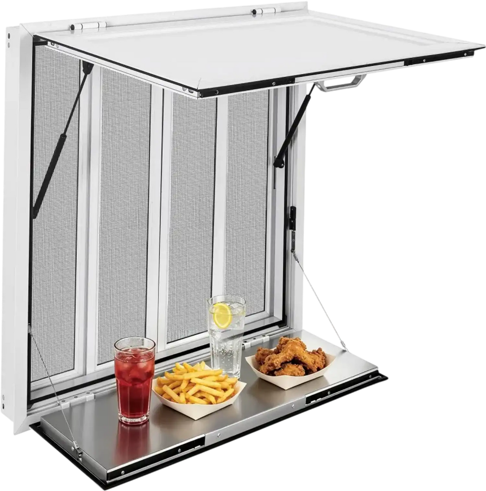 VEVOR Concession Window Folding Shelf 36x36in Aluminum Alloy Service Window, for Food Truck, Up to 85 Degrees, with 4 Sliding Screen Windows, Awning Door and Drag Hook, Rainwater Resistant