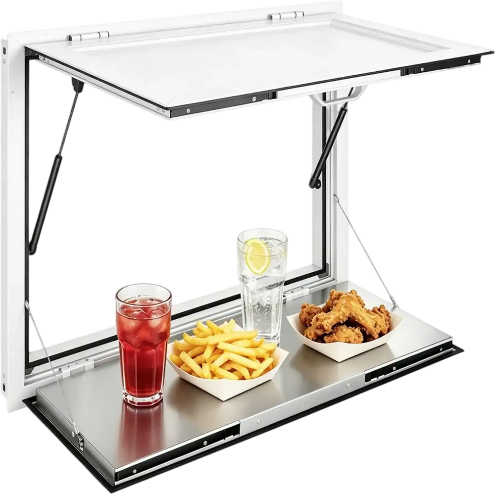 VEVOR Concession Window Folding Shelf 36x36in Aluminum Alloy Service Window, for Food Truck, Up to 85 Degrees, with Awning Door and Drag Hook, Rainwater Resistant