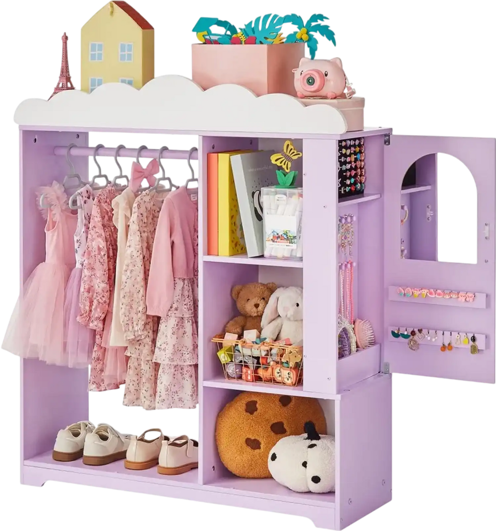 VEVOR Kids Dress Up Storage, with Jewelry Cabinet, Dress Up Closet with Mirror and Shelves, Princess Costumes Wardrobe Closet, Toddler Costume Organizer Armoire, for Bedroom, Kids Room, Girls, Purple