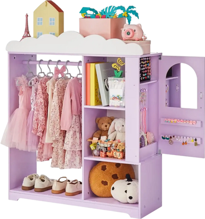 Vevor Kids Armoire Dress-Up Closet with Mirror and Shelves Purple New