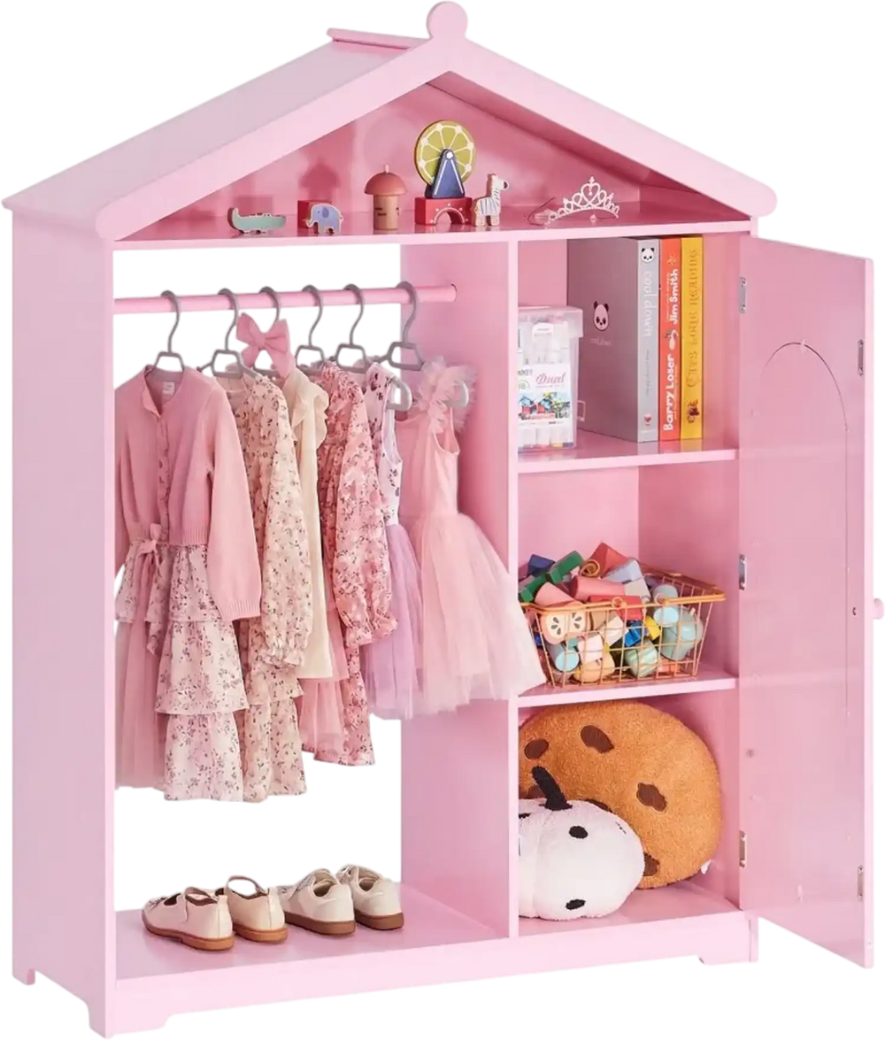 VEVOR Kids Dress Up Storage, with Mirror, Dress Up Closet, Kids Armoire Wardrobe Closet for Little Girls, Toddler Costume Organizer, Pretend Princess Storage Dresser, for Bedroom, Girls Room, Pink