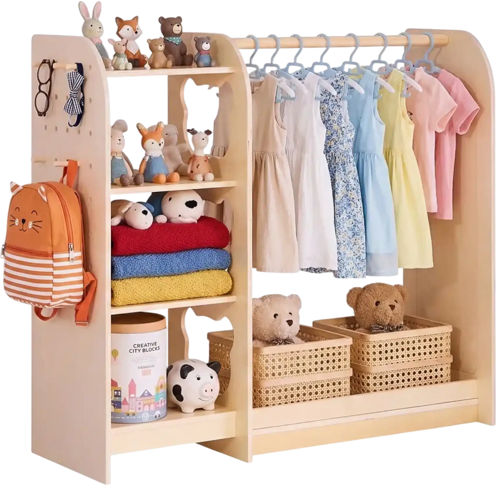 VEVOR Kids Dress Up Storage, with Mirror, Wooden Kids Dress Up Rack, Toddler Wardrobe Closet for Little Girls, Storage Armoire, Costume Organizer, Children Playroom Furniture, for Bedroom, Natural