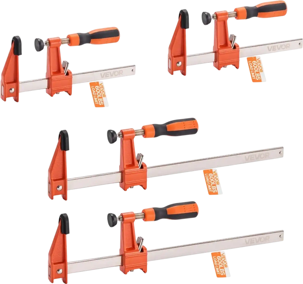 VEVOR Bar Clamps for Woodworking, 2-Pack 6 inch and 2-Pack 12 inch, Lockable F-Clamp with 600 lbs Load Limit, 2-1/2 inch Depth, Cast Iron and Carbon Steel, Wood Clamps for Woodworking Metal Working