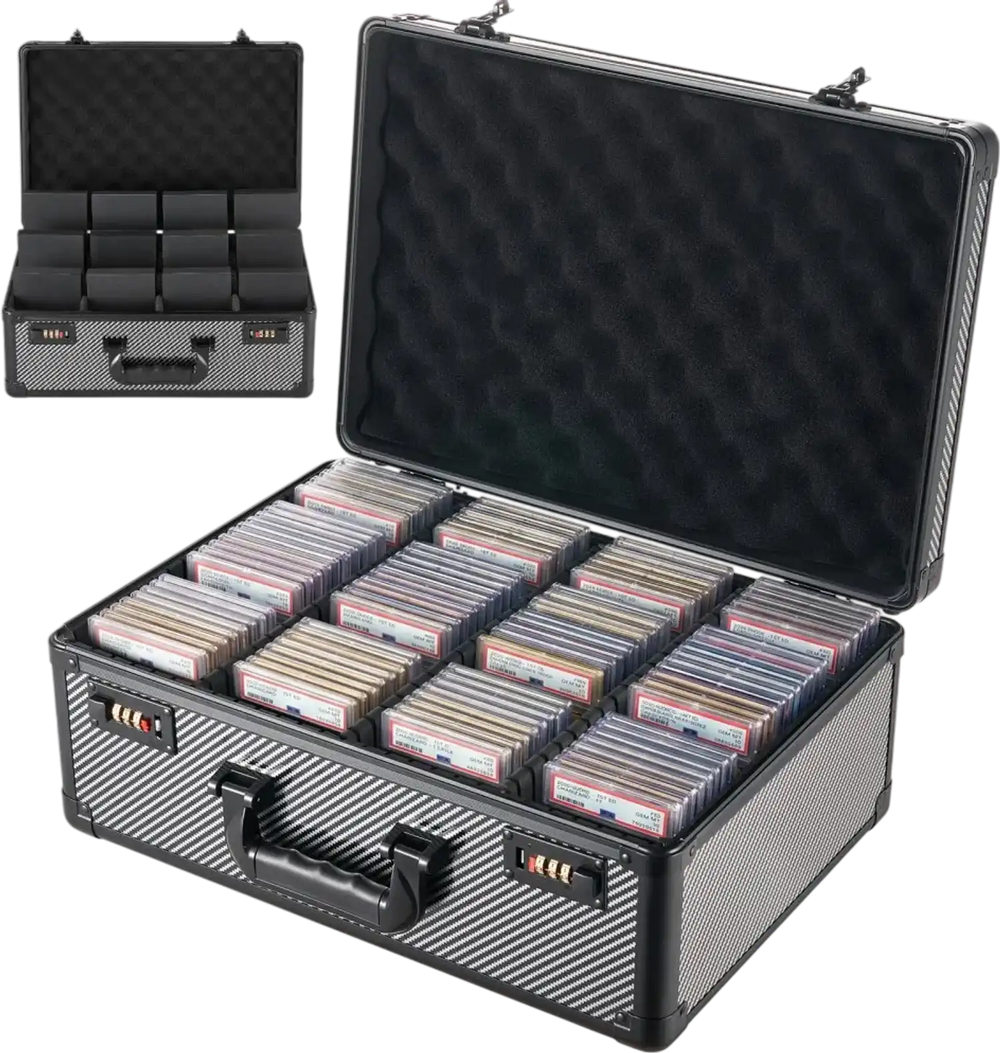 VEVOR Graded Card Case 4 Row 162 PSA Slab Storage Box with Combination Lock, Baseball Sports Trading Cards Holder Collector with 12 Dividers, Holds 130 SGC 115 BGS 585 Top Loaders & 999+ Loose Cards