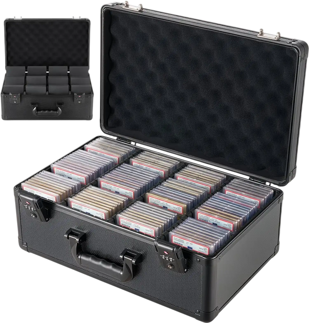 VEVOR Graded Card Case 4 Row 152 PSA Slab Storage Box TSA Approved Lock, Baseball Sports Trading Cards Holder Collector, with 12 Dividers, Holds 120 SGC 100 BGS 550 Top Loaders & 999+ Loose Cards