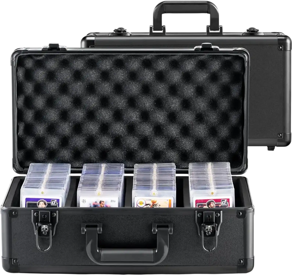 VEVOR Graded Card Storage Box, 4 Slots, Graded Sports Cards Holder Carrying Case with Key Lock Foam Dividers, for 108 PSA Graded Cards 76 BGS Cards 84 SGC Cards 388 Top Loaders or 999+ Loose Cards