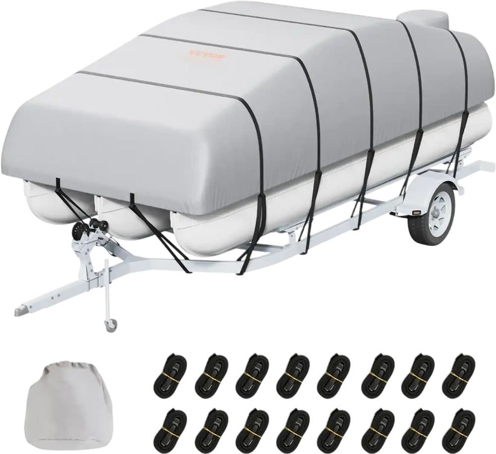 VEVOR Pontoon Boat Cover, 23'-24' Waterproof Trailerable Pontoon Cover, 800D Marine Grade PU Oxford Fabric, with Motor Cover, 16 Windproof Buckle Straps, Fits for 23'-24'L, Beam Width to 102", Grey