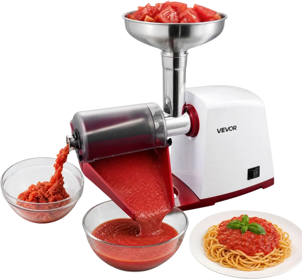 VEVOR Electric Tomato Strainer 800W Max (Rated Power: 300W) Sauce Maker, 88 lbs/H For Purees, Strawberry, Salsa, Stainless Steel Tomato Food Mill Press Machine, 1mm, 1.5mm, 3mm & 6mm Screens, White