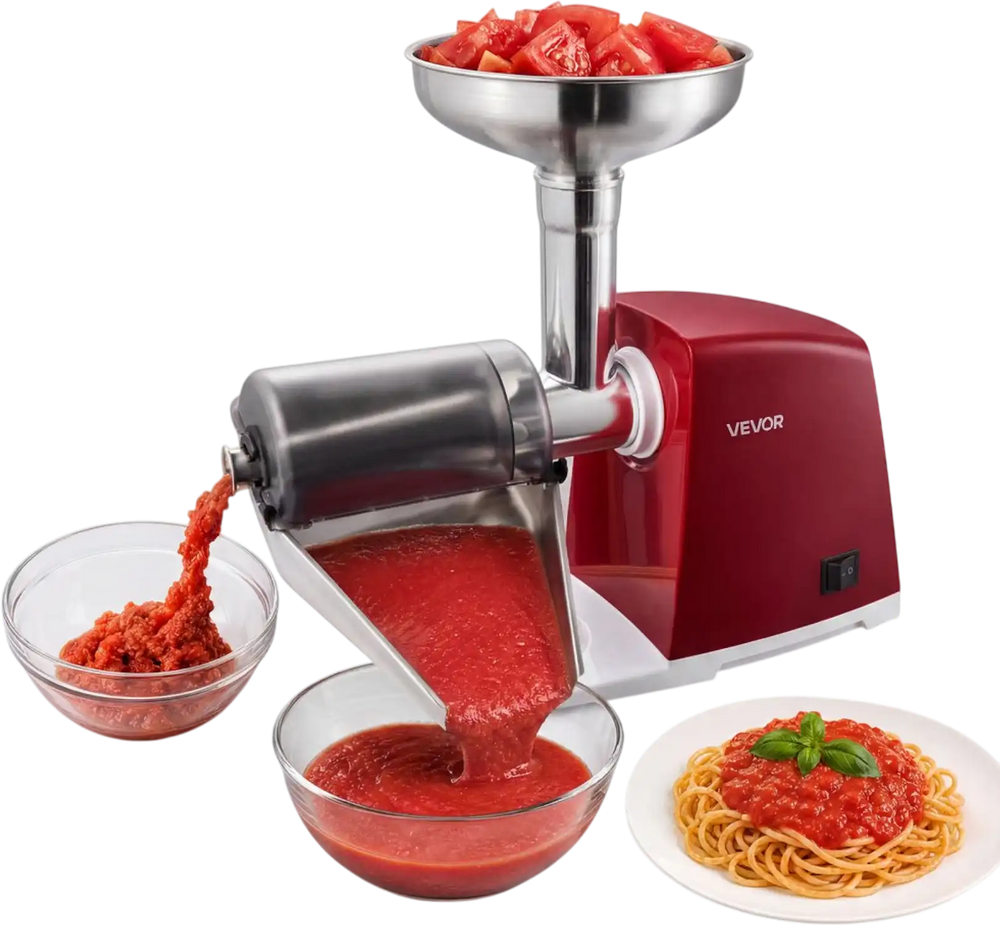 VEVOR Electric Tomato Strainer 800W Max (Rated Power: 300W) Sauce Maker, 88 lbs/H For Purees, Strawberry, Salsa, Stainless Steel Tomato Food Mill Press Machine, 1mm, 1.5mm, 3mm & 6mm Screens, Red