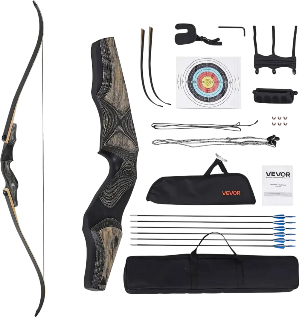 VEVOR Recurve Bow and Arrows Kit, 60 inch Wooden Takedown Bows, Right Handed Ergonomic Archery Recurve Bow Package, Longbow for Outdoor Target Training Practice Hunting, Beginners to Advanced, 50 lbs