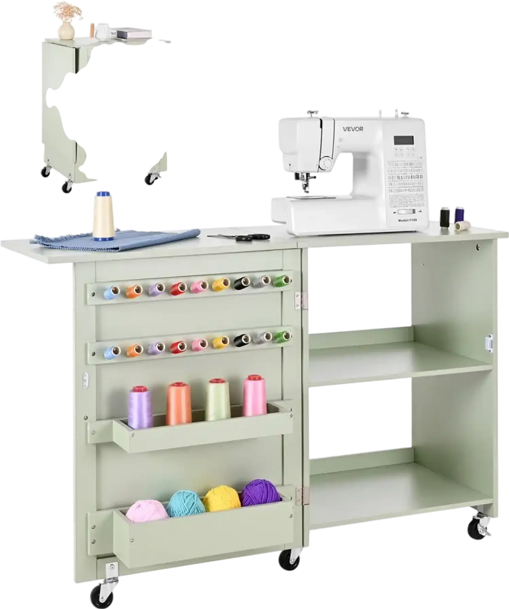 VEVOR Folding Sewing Table, Multipurpose Sewing Machine Table with Compact Design, Wheels, Wooden Pegs, Storage Trays and Shelf, Magnetic Door Lock, Craft Station and Side Desk for Home, Light Green