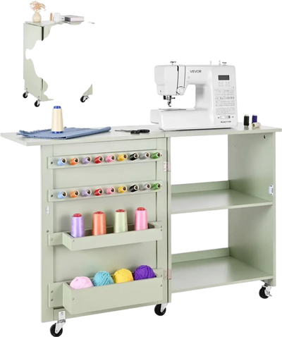 Vevor Sewing Table Folding Craft Station with Storage and Wheels Light Green New