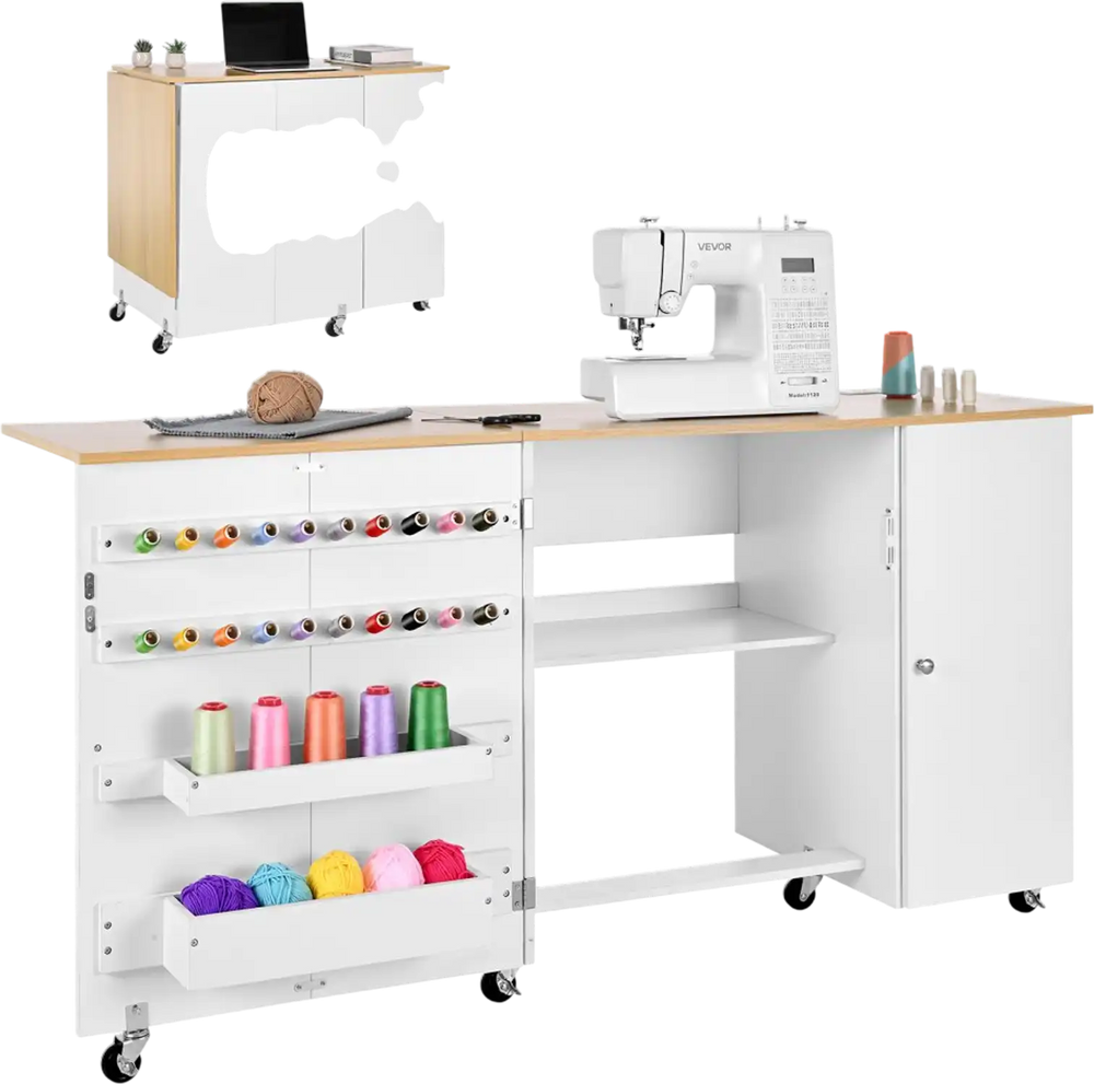 VEVOR Folding Sewing Table, Multipurpose Sewing Machine Table with Cabinet, Charging Station, Compact Design, Wheels, Wooden Pegs, Storage Trays and Shelf, Craft Station and Side Desk for Home