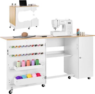 VEVOR Folding Sewing Table, Multipurpose Sewing Machine Table with Cabinet, Charging Station, Compact Design, Wheels, Wooden Pegs, Storage Trays and Shelf, Craft Station and Side Desk for Home