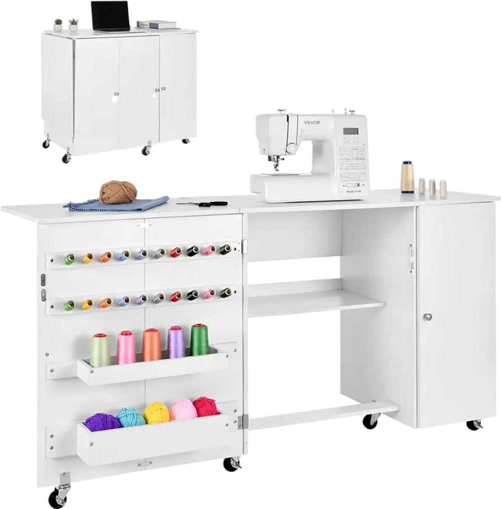 VEVOR Folding Sewing Table, Multipurpose Sewing Machine Table with Cabinet, Compact Design, Wheels, Wooden Pegs, Storage Trays and Shelf, Magnetic Door, Craft Station and Side Desk for Home, White