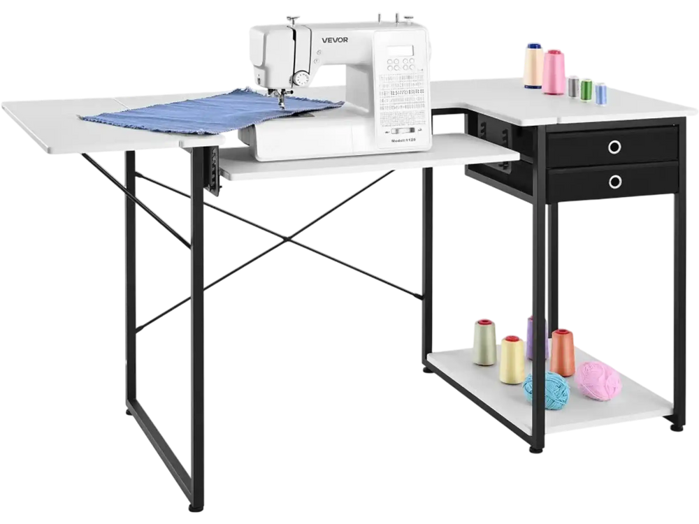 VEVOR Sewing Table, Multipurpose Sewing Machine Table with Drawers, Foldable Side Shelf, Adjustable Shelf, Steel Legs, Computer Desk for Home, Fashion Studio, Art Studio, Educational Institution