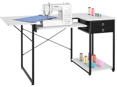 VEVOR Sewing Table, Multipurpose Sewing Machine Table with Drawers, Foldable Side Shelf, Adjustable Shelf, Steel Legs, Computer Desk for Home, Fashion Studio, Art Studio, Educational Institution