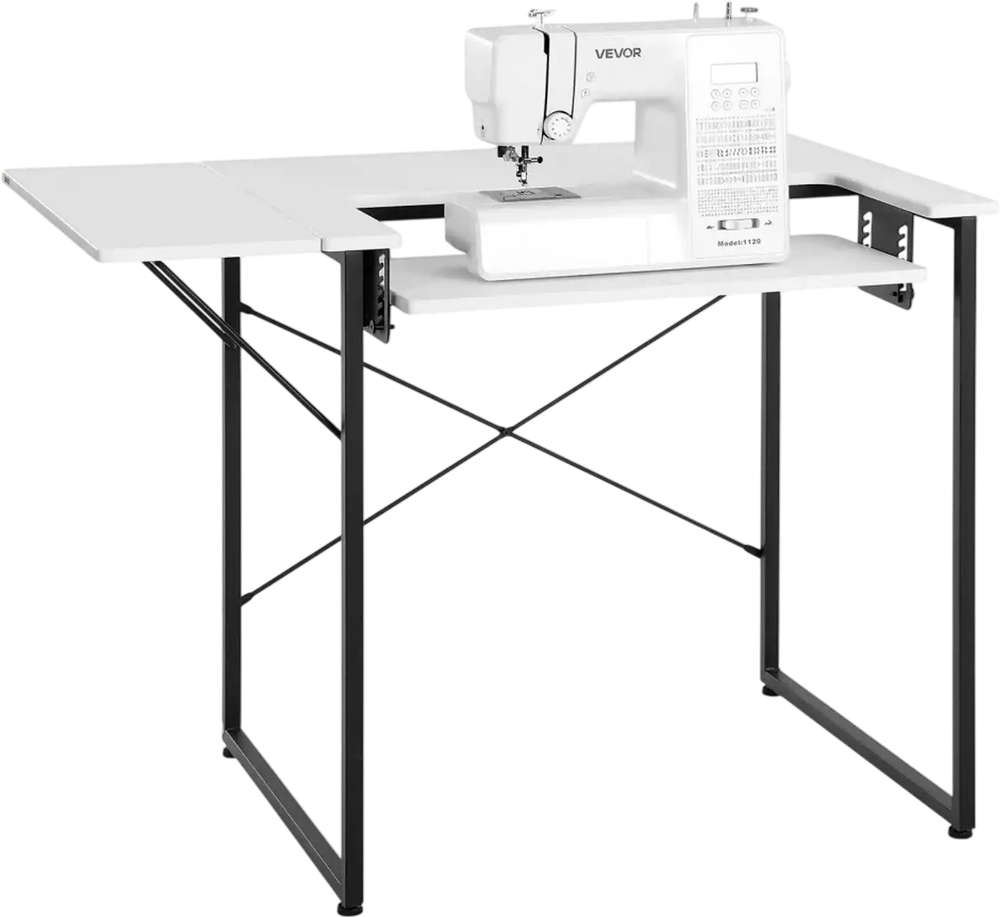 VEVOR Sewing Table, Multipurpose Sewing Machine Table with Foldable Side Shelf, Adjustable Shelf, Steel Legs, Computer Desk for Home, Fashion Studio, Art Studio, Educational Institution, White