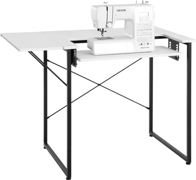 VEVOR Sewing Table, Multipurpose Sewing Machine Table with Foldable Side Shelf, Adjustable Shelf, Steel Legs, Computer Desk for Home, Fashion Studio, Art Studio, Educational Institution, White