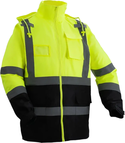 VEVOR High Visibility Reflective Safety Jacket, Waterproof Safety Hoodie, Work Construction Coat with Pockets for Men & Women, Rain Gear Meet ANSI & Class 3, Hi Vis Yellow Coat with Black Bottom, L