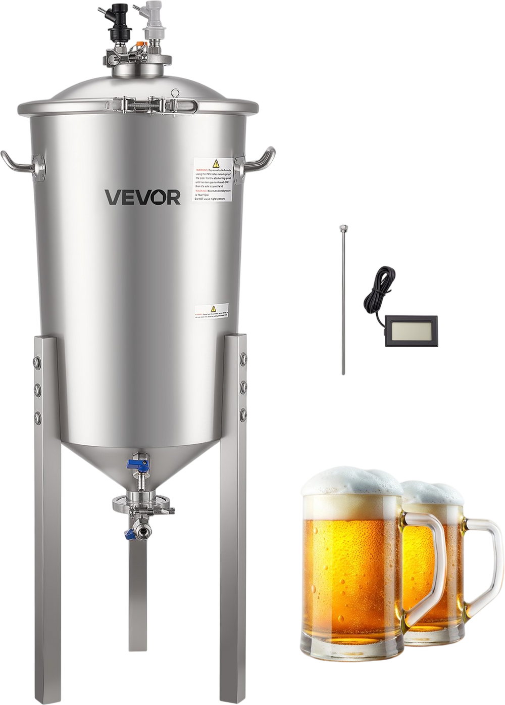 VEVOR Pressure Fermenter 15 PSI, 8 Gal/30L All-in-One Stainless Steel Conical Secondary Fermentation Bucket, for Wine, Beer Brewing Equipment