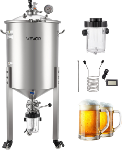 VEVOR Pressure Fermenter 15 PSI, 16 Gal/60L All-in-One Stainless Steel Conical Secondary Fermentation Bucket, with Cooling Tube, Yeast Slurry Collection Bottle, for Wine, Beer Brewing Equipment