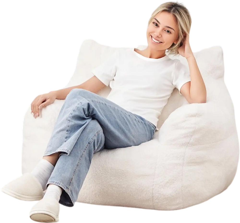 VEVOR Bean Bag Chair, 3 feet Bean Bag Chair with Soft Armrests and Storage Pocket, 25D Memory Foam Filled with Soft Teddy Velvet Cover, Bean Bag for Bedroom or Playroom, White