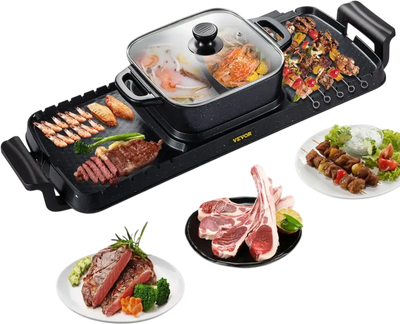 VEVOR 2 in 1 Electric Grill and Hot Pot, 2400W BBQ Pan Grill and Hot Pot, Multifunctional Teppanyaki Grill Pot with Dual Temp Control, Smokeless Hot Pot Grill with Nonstick Coating for 1-8 People