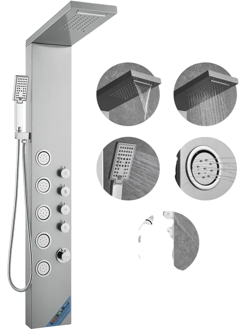 VEVOR Shower Panel System, 4 Shower Modes Shower Panel Tower, Rainfall, Waterfall, 5 Full Body Massage Jets and 3-Setting Handheld Shower Head with 59" Hose, Stainless Steel Wall-Mounted Shower Set