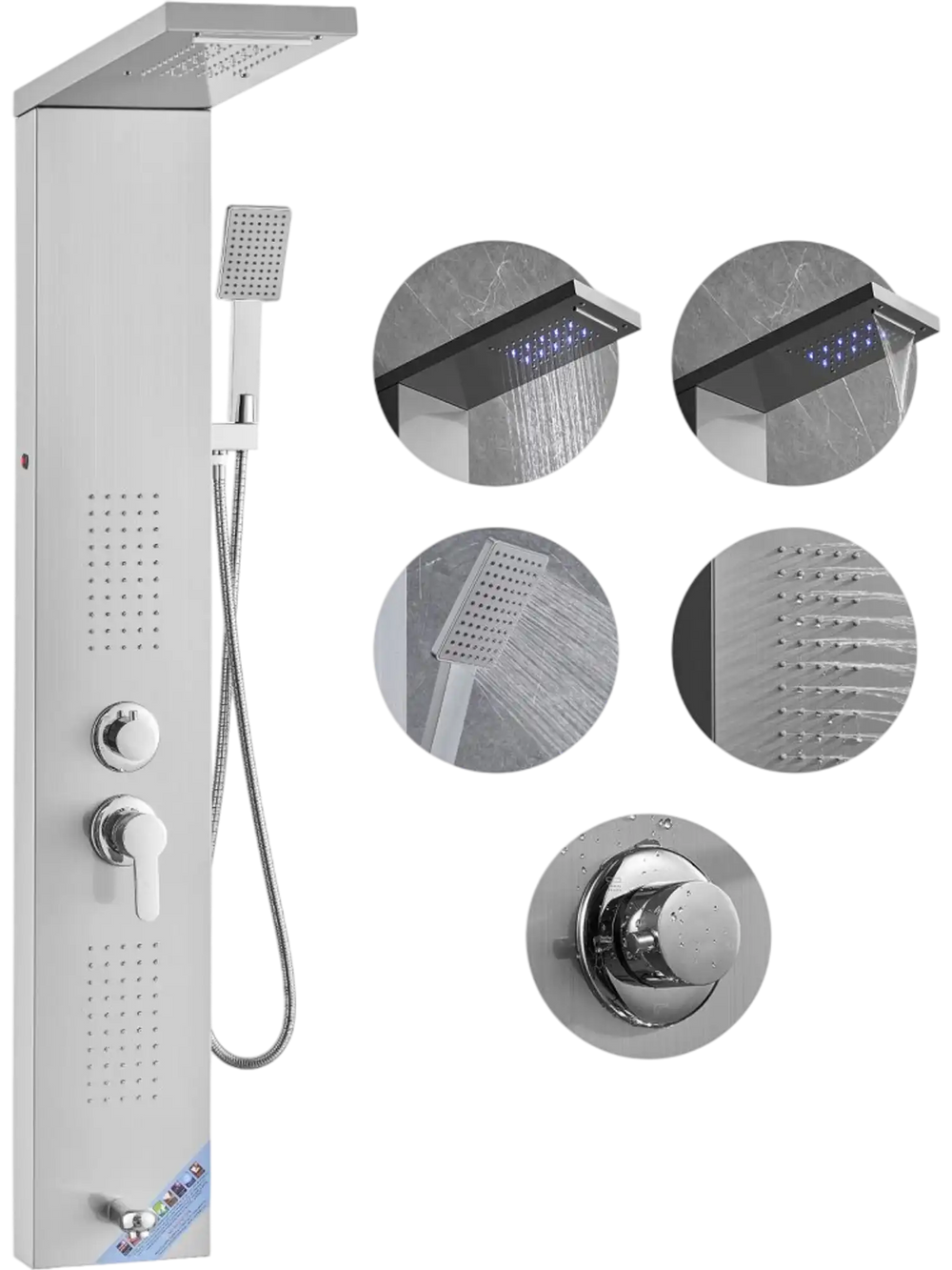 VEVOR Shower Panel System, 5 Shower Modes, LED Shower Panel Tower, Rainfall, Waterfall, 2 Body Massage Jets, Tub Spout, Handheld Shower Head with 59" Hose, Stainless Steel Wall-Mounted Shower Set
