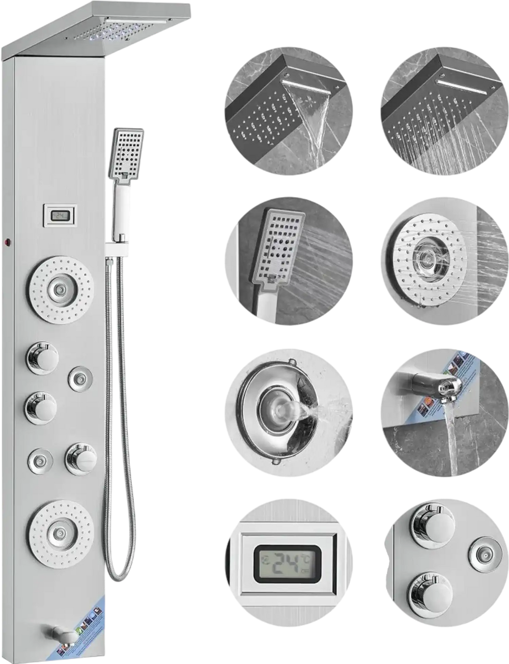 VEVOR Shower Panel System, 6 Shower Modes, LED & Display Shower Panel Tower, Rainfall, Waterfall, 4 Body Massage Jets, Tub Spout, Handheld Shower Head 59" Hose, Stainless Steel Wall-Mounted Shower Set